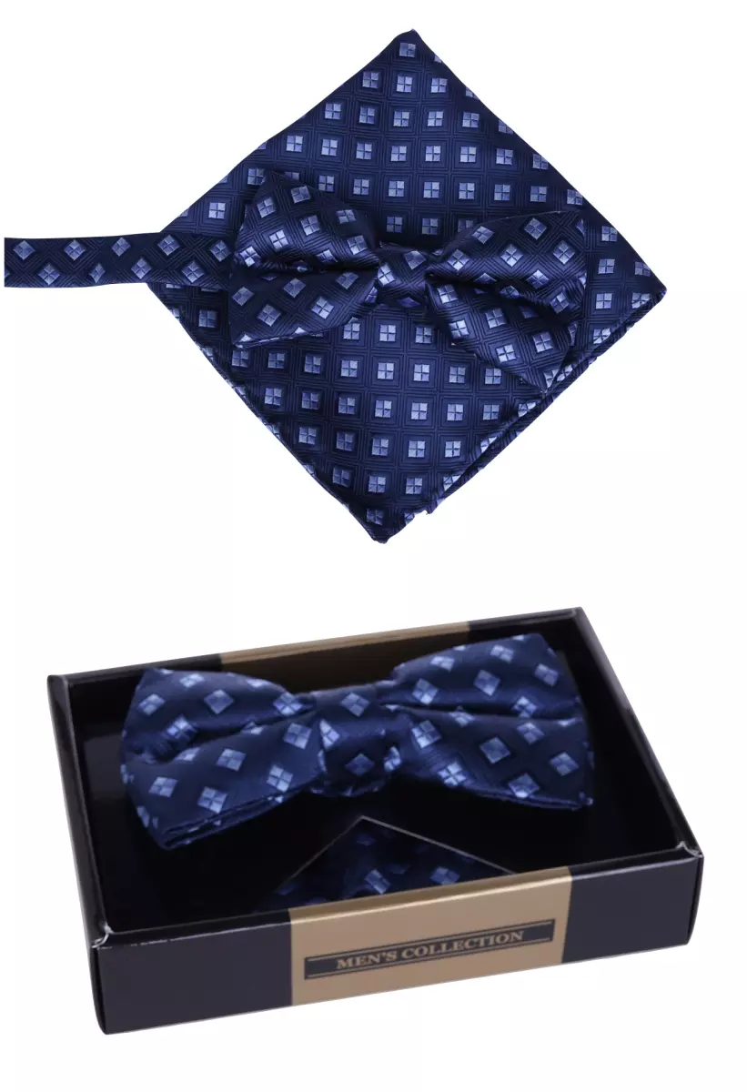 set motýlek a kapesníček tmavě modrý vzor