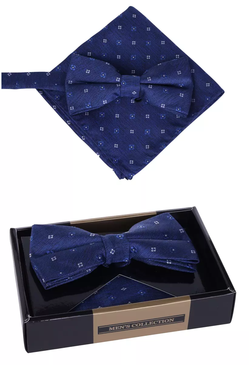 set motýlek a kapesníček tmavě modrý vzor