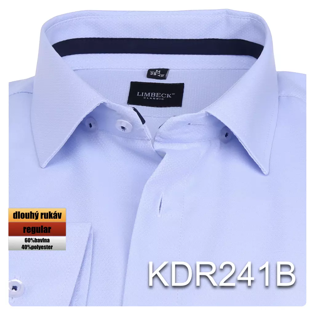 modrá košile společenská s tmavým pruhem v límci
