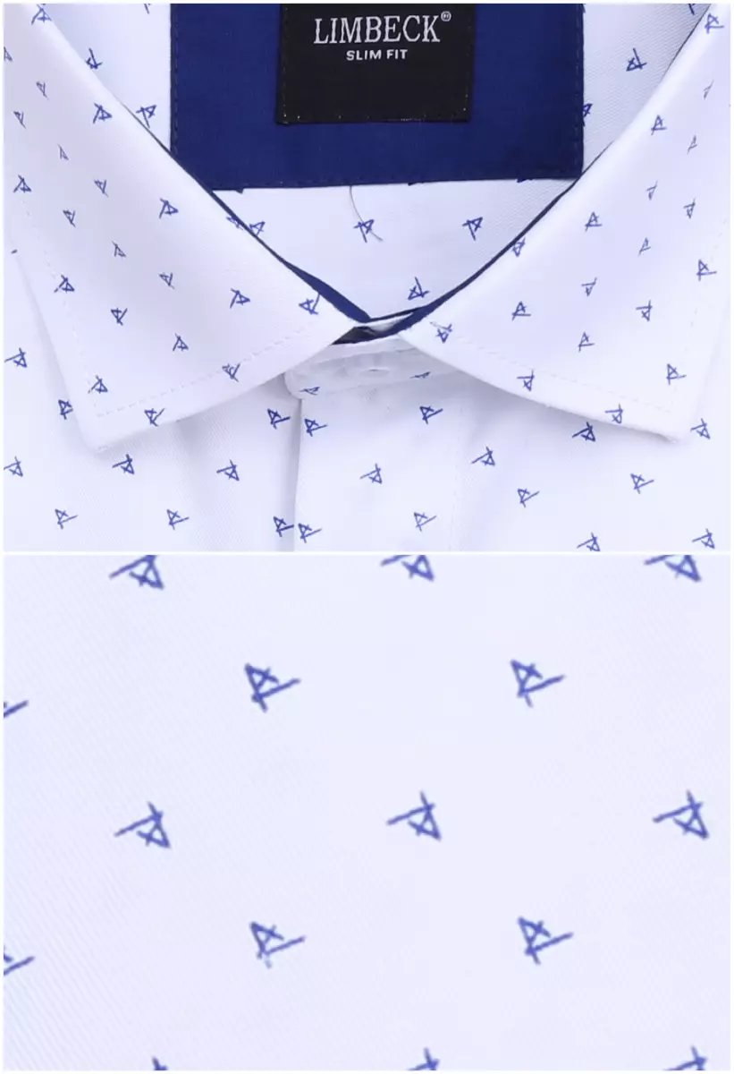 bílá košile se zajímavým vzorem a modrými doplňky