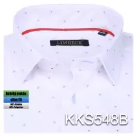 bílá košile s modrýmí a červenými doplňky