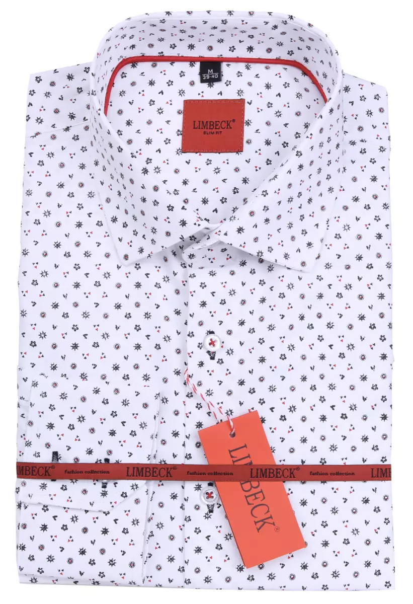 bílá košile s šedo červeným vzorem