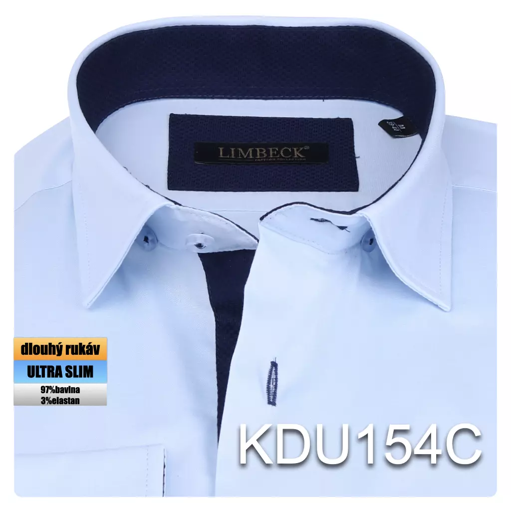 světle modrá košile s tmavě modrými doplňky