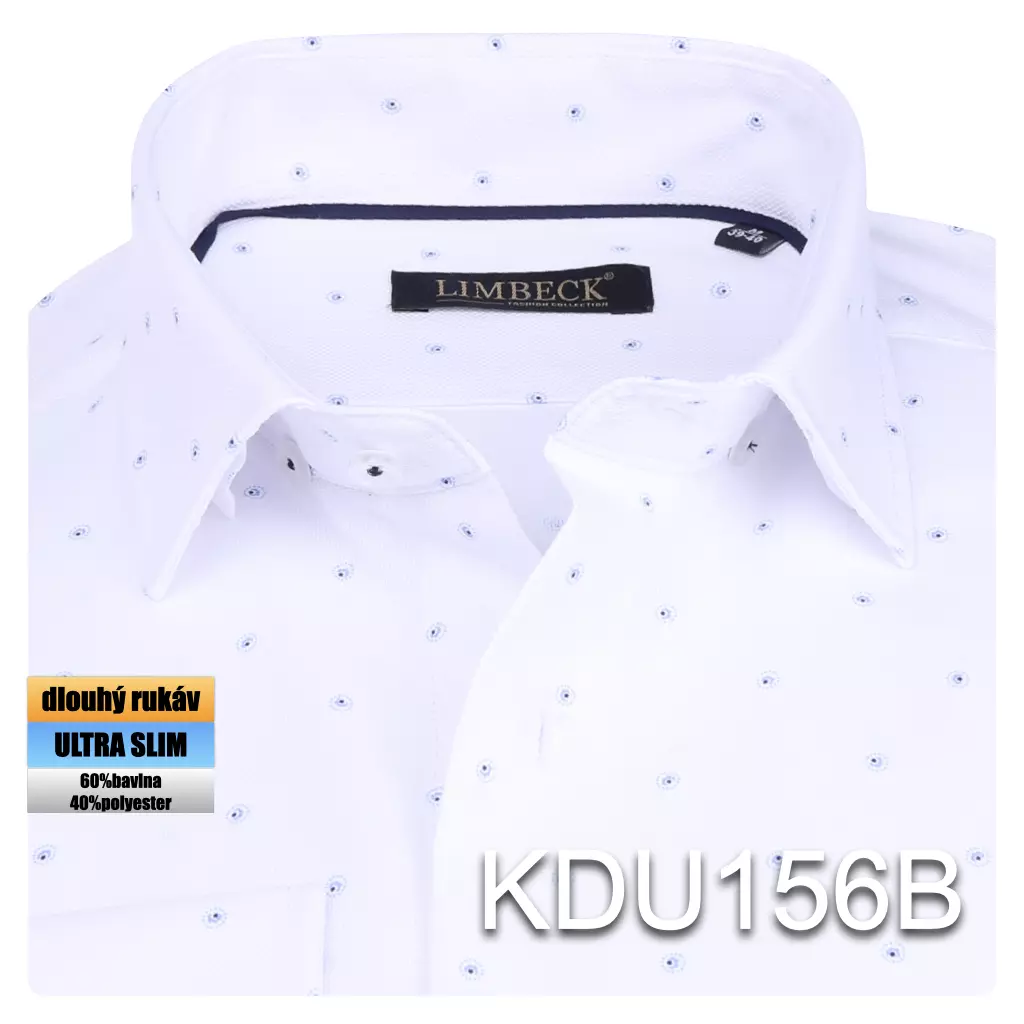 bílá košile s modrými doplňky