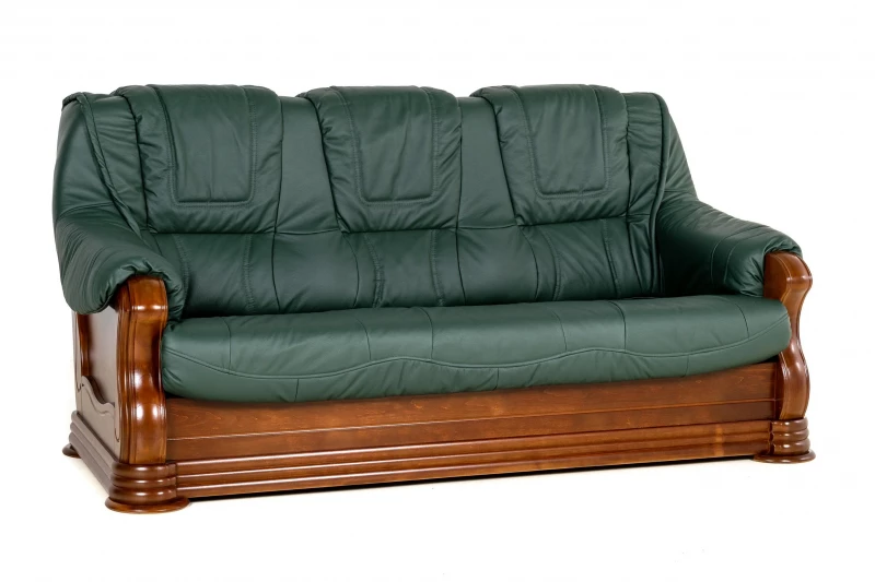 Rozkládací kožená sedací souprava Baron LUX 3R+1+1 - zelená s hnědým dřevem