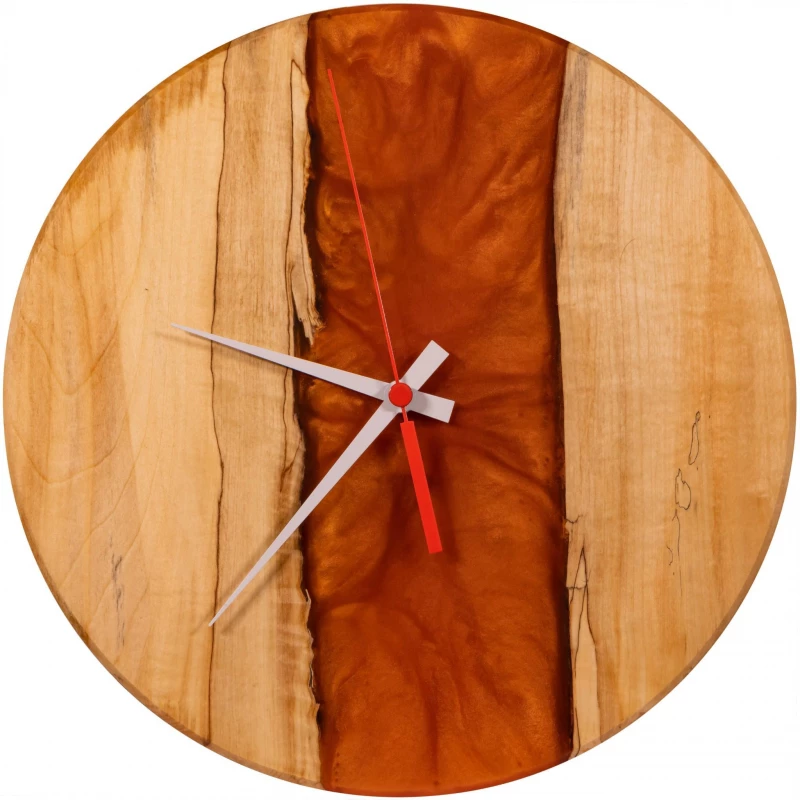 Drevené hodiny s epoxidovou živicou Ø 30cm - gaštan, oranžová perleť