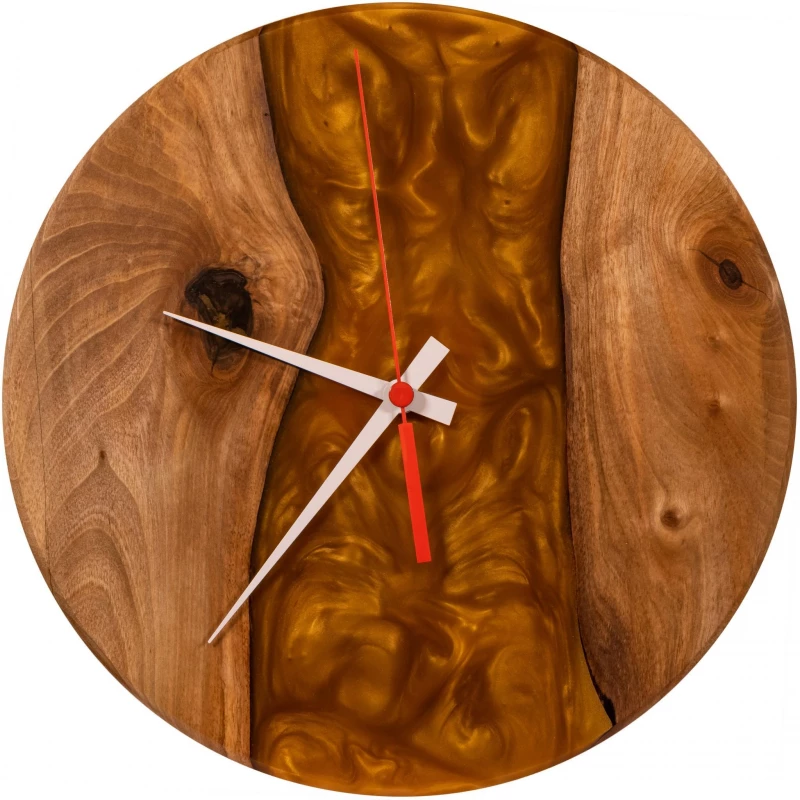 Dřevěné hodiny s pryskyřicí Ø 30CM - ořech, hnědo-oranžová perleť