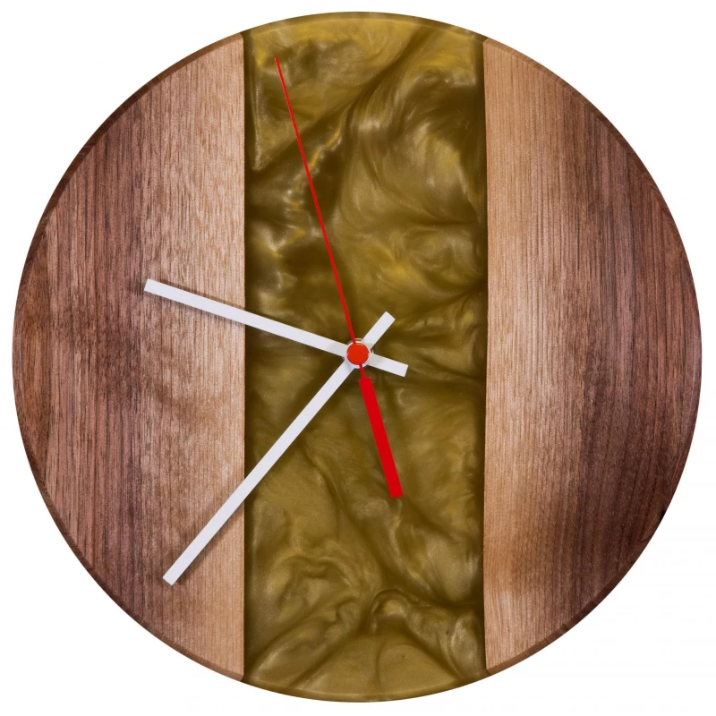 Dřevěné hodiny s pryskyřicí Ø 30CM - ořech, zlatá perleť