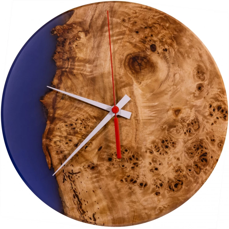 Drevené hodiny s epoxidovou živicou Ø 30CM - očkový topoľ, fialovomodrá