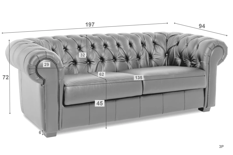 Kožená pohovka CHESTERFIELD - 3P, čierna (Rimini 2044)