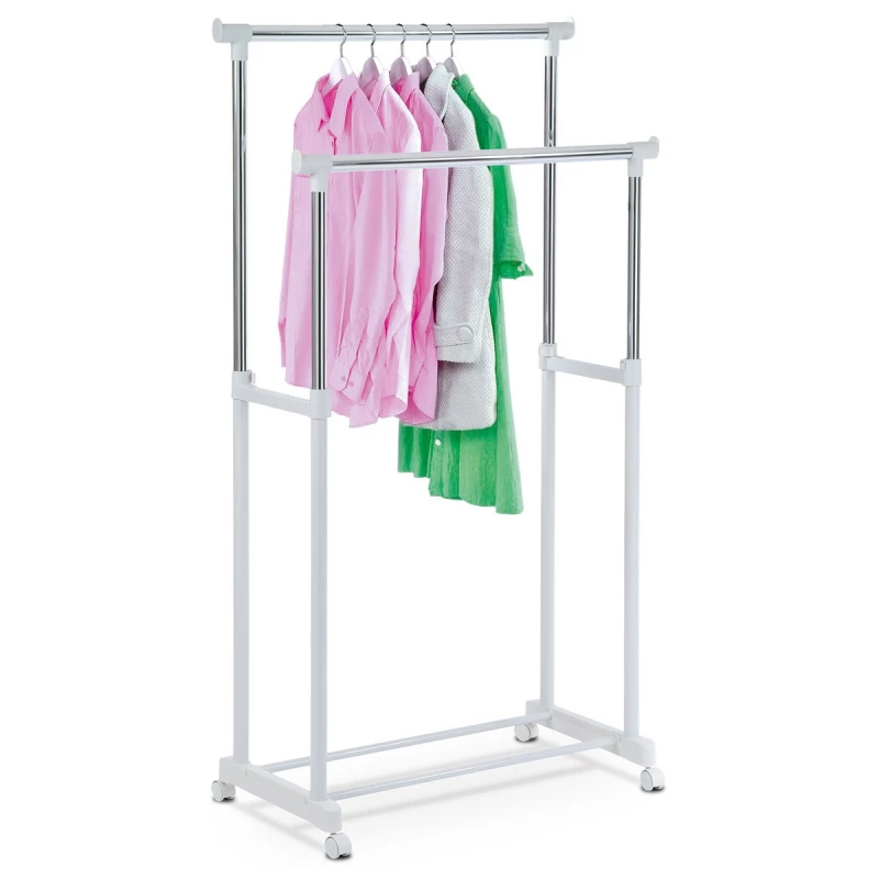 Stojan na šaty dvojramenný s odkladačem, bílá barva, kov / plast, chrom