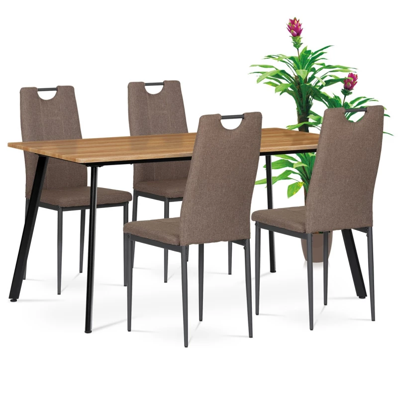 Jídelní set 1+4, stůl 150x80 cm, MDF, dekor medový dub, kov - černý lak, židle potah hnědá látka, kov - antracitový lak