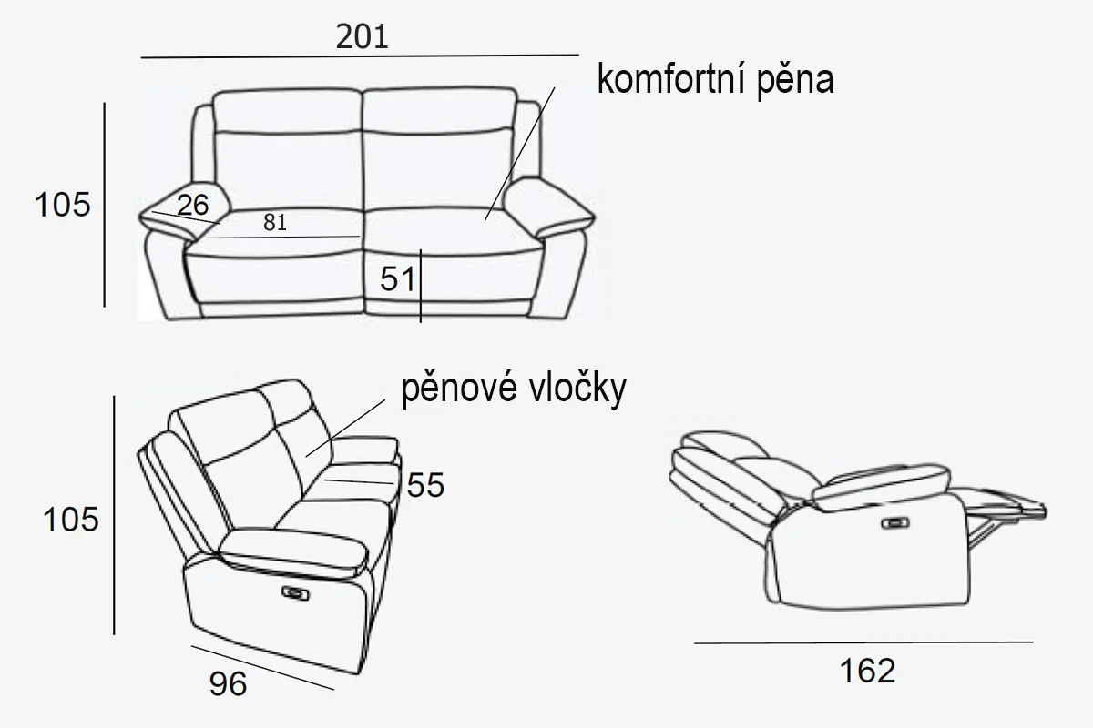 Kožená pohovka CONTINENTAL s elektrickou funkciou relax 3P