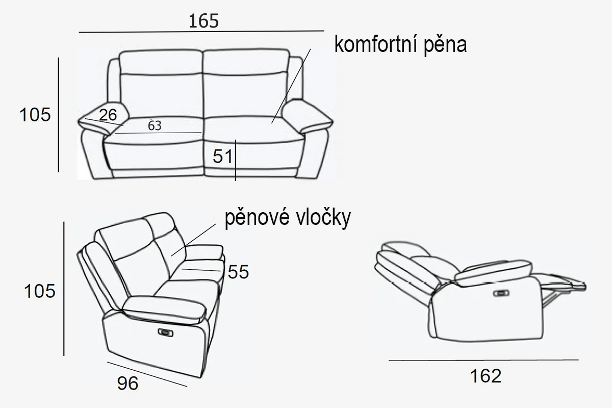 Kožená pohovka CONTINENTAL s elektrickou funkciou relax 2P