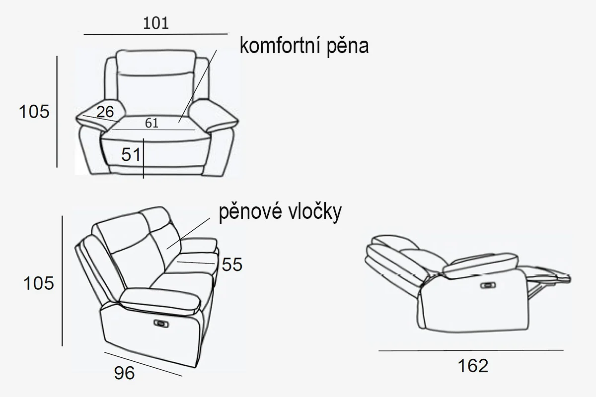 Kožené křeslo CONTINENTAL s elektrickou funkcí relax 1P, elektrické, černá (nero 308)