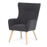 Křeslo, potah šedá manšestrová látka, dřevěné nohy, masiv kaučukovník