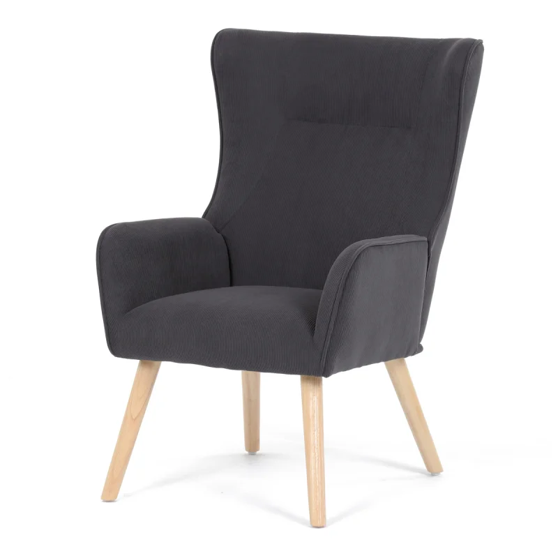 Křeslo, potah šedá manšestrová látka, dřevěné nohy, masiv kaučukovník