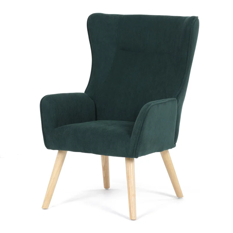 Křeslo, potah zelená manšestrová látka, dřevěné nohy, masiv kaučukovník