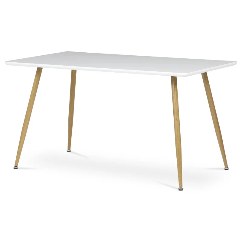 Stůl jídelní 140x80, MDF, bílá matná deska, kovové nohy v barvě dubu.