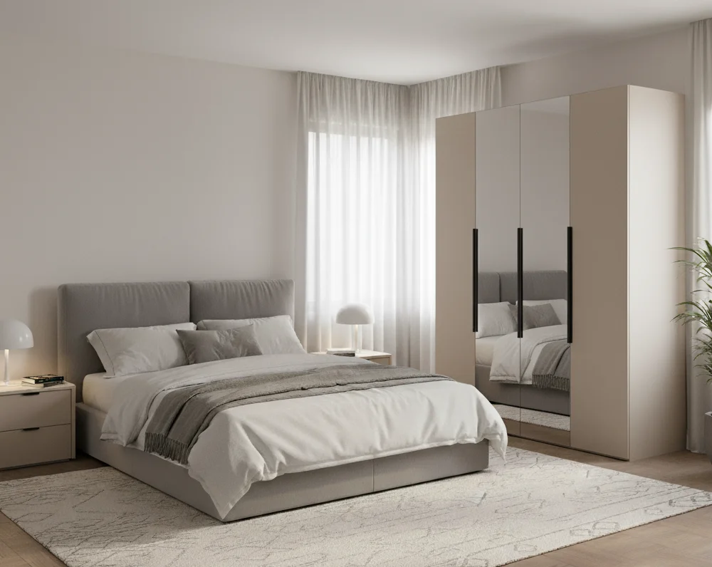 Moderní šatní skříň NICEA 180 se zrcadlem – Hlínová béžová