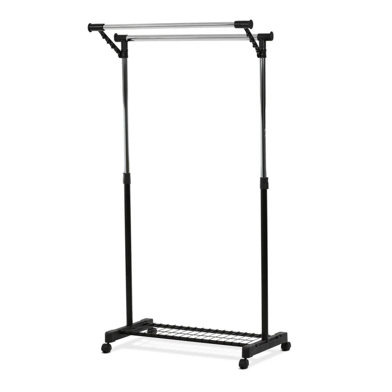 Stojan na šaty s výklopným ramenem, černá barva, kov / plast, chrom