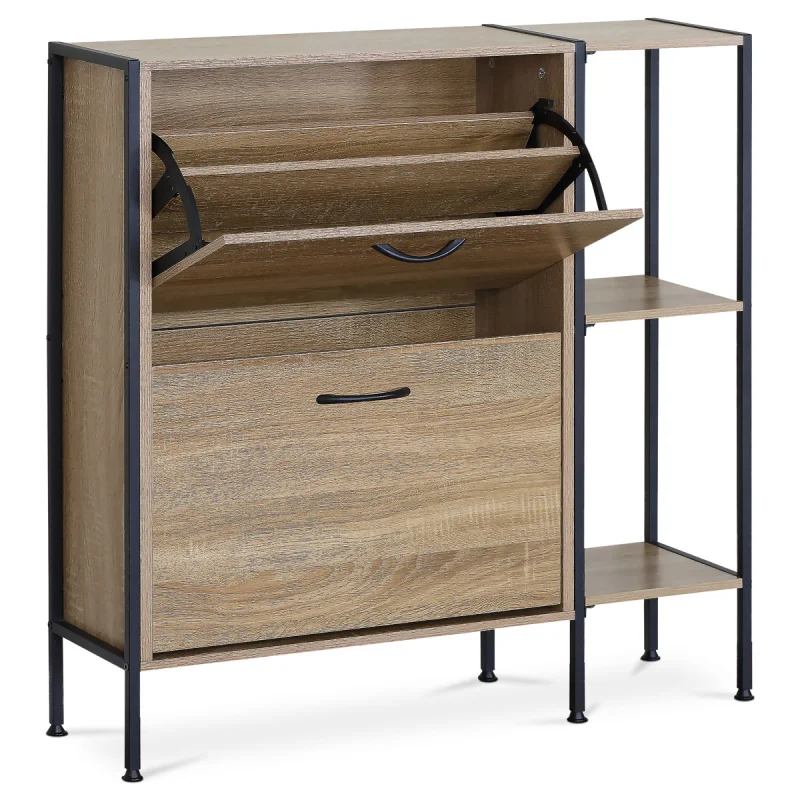 Botník, 2 přihrádky, 3 police, dekor dub, MDF