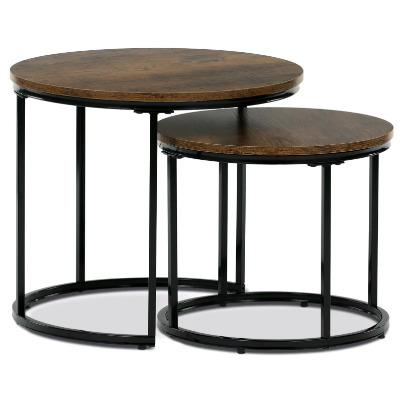 Set 2 ks stolků, MDF deska, dekor staré dřevo, kovová podnož, černý lak