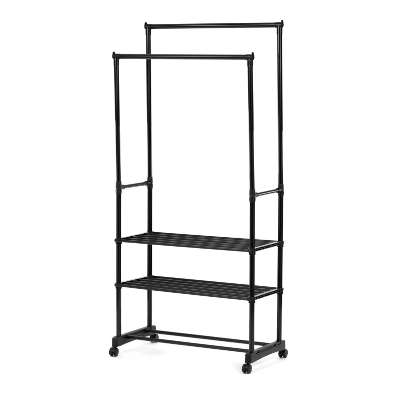 Stojan na šaty dvouramenný se třemi policemi, černá barva, kov / plast, chrom