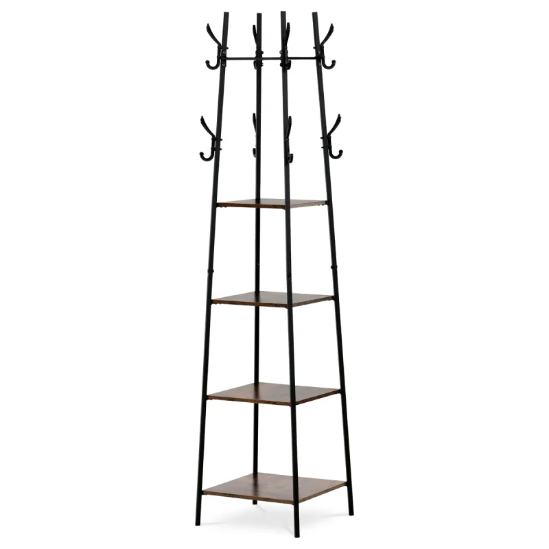 Věšák se 4 policemi, dekor staré dřevo, MDF, černý lak