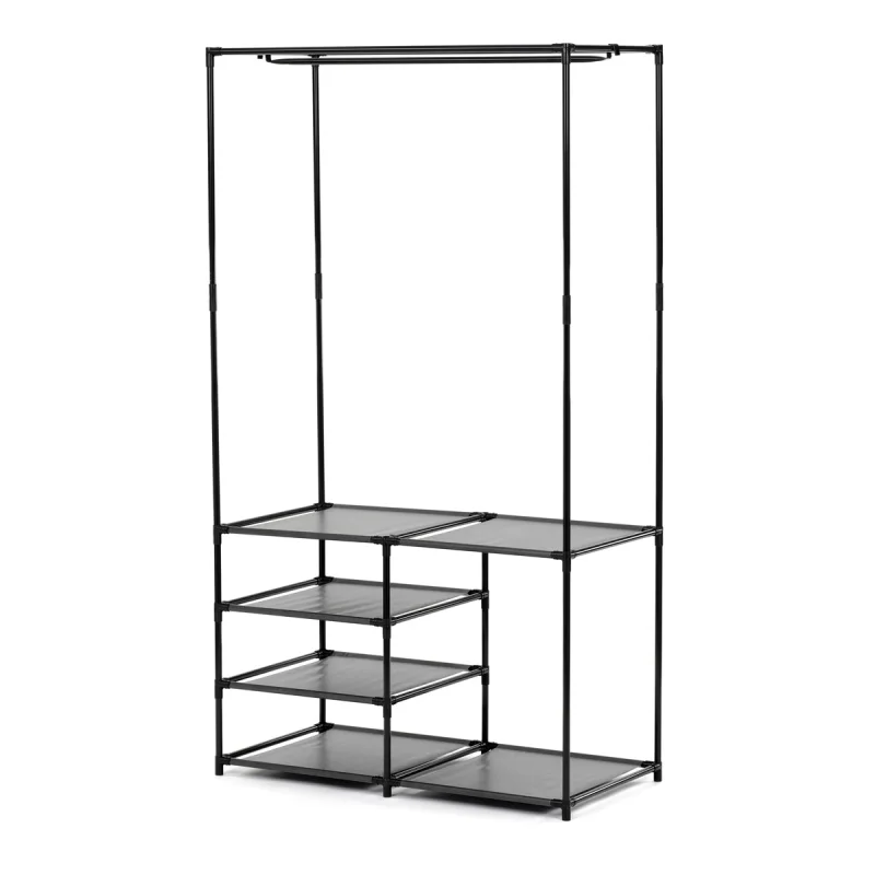 Stojan na šaty dvouramenný se čtyřmi policemi, černá barva, kov / plast, chrom