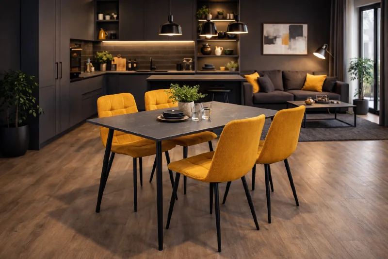 Jídelní stůl CERAMON 120 černá + 4ks jídelní židle ARIA hořčicová