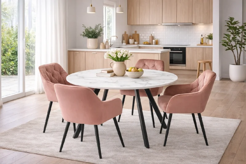 Jídelní stůl GYRUS 120 bílá + 4ks jídelní židle SIENA růžová