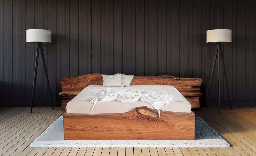 Masivní designová postel ELBIANA s úložným prostorem z jilmového dřeva
